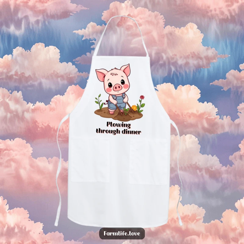 Funny Apron: Piglet in overalls gardening, adding farmyard charm to your cooking attire.