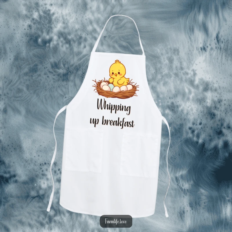 Funny busy yellow chick gathering eggs from a cozy nest, a humorous and practical apron for culinary adventures.