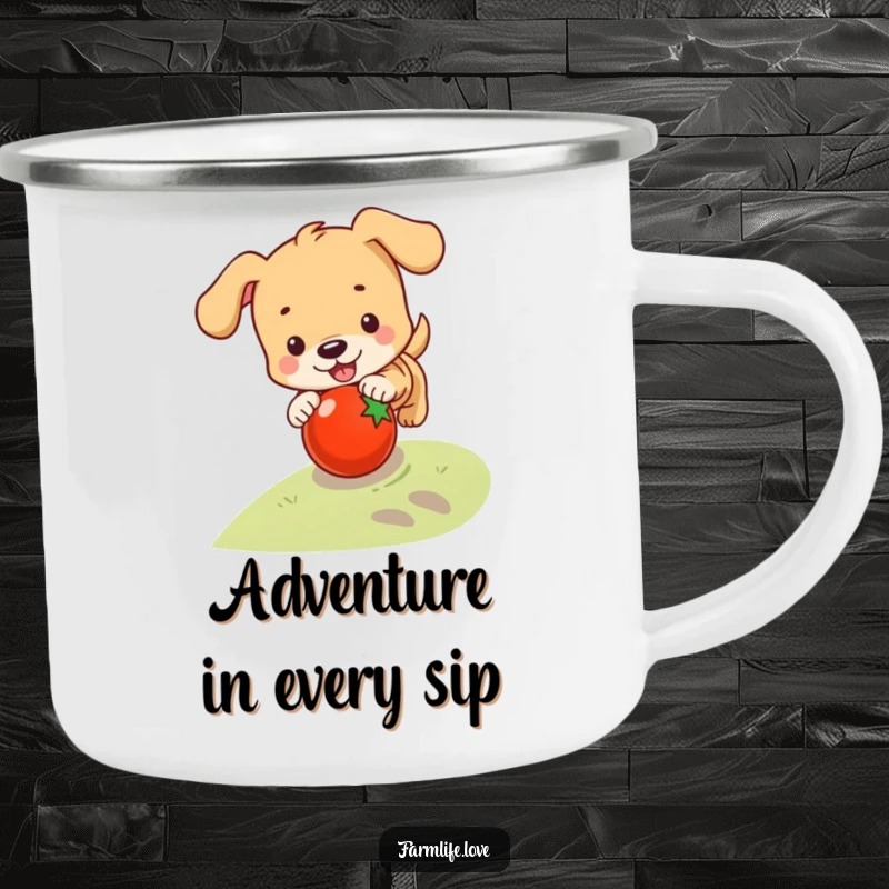 Funny camping mug showing a playful puppy chasing a rolling tomato, ideal for outdoor adventures with a humorous dog theme.