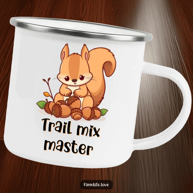 Funny camping mug showing a determined squirrel hoarding acorns, ideal for outdoor enthusiasts with a humorous, active theme.
