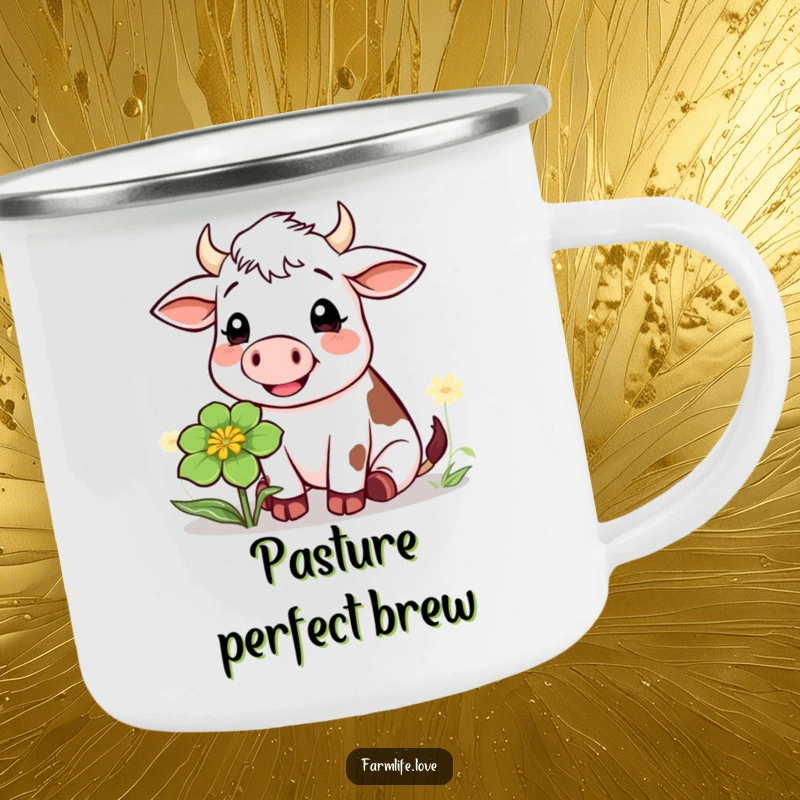 Funny camping mug showcasing a cheerful cow chewing clover, designed for outdoor adventures with a humorous farm touch.