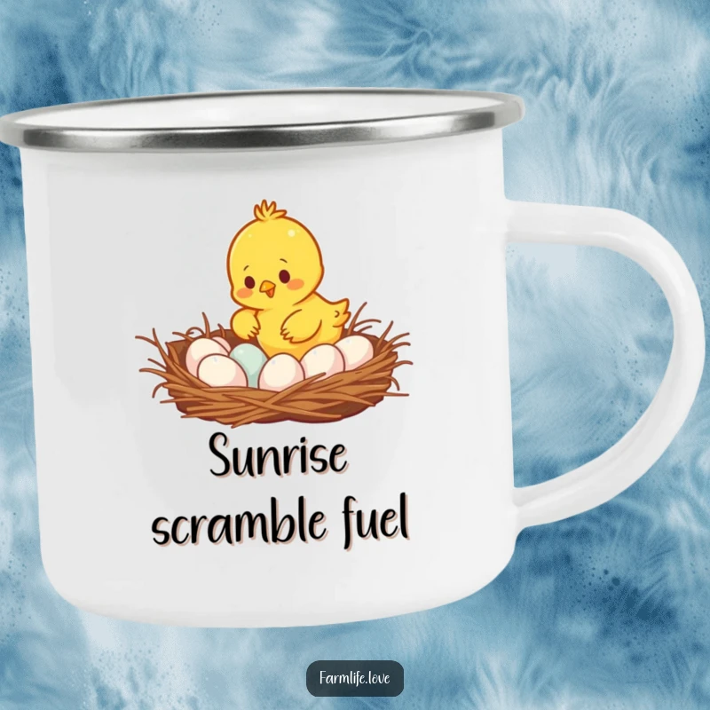Funny busy yellow chick gathering eggs from a cozy nest, a durable and humorous camping mug for outdoor enthusiasts.