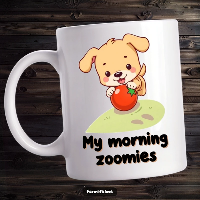 Funny mug featuring a happy puppy joyfully chasing a rolling tomato down a slope, capturing pure canine delight.
