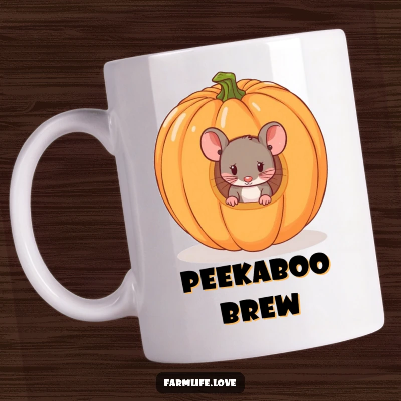 Funny mug featuring a tiny mouse peeking curiously from inside a ripe pumpkin, capturing playful Halloween wonder.
