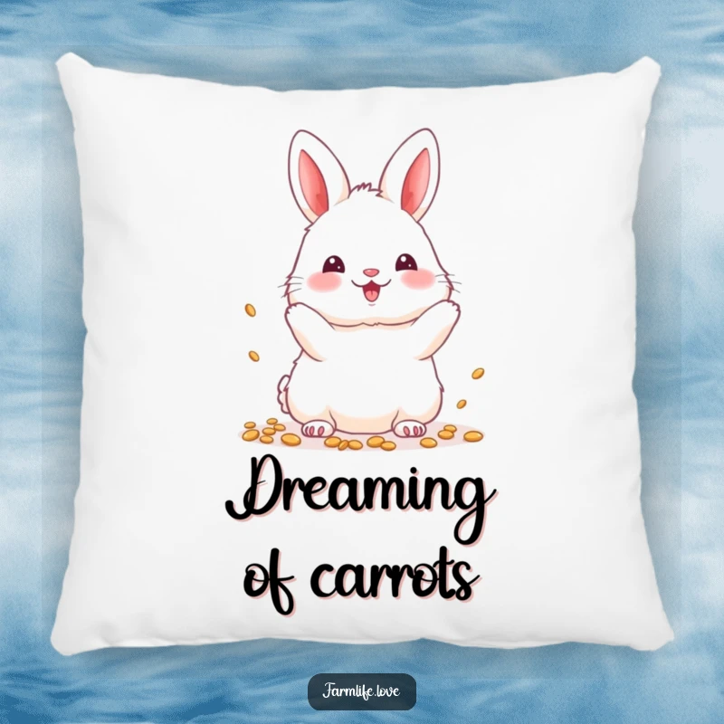 Funny Pillow: Fluffy white bunny happily throwing seeds, bringing garden charm.