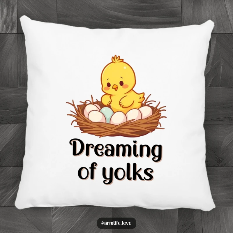 Funny busy yellow chick gathering eggs from a cozy nest, a soft and humorous decorative pillow for ultimate comfort.