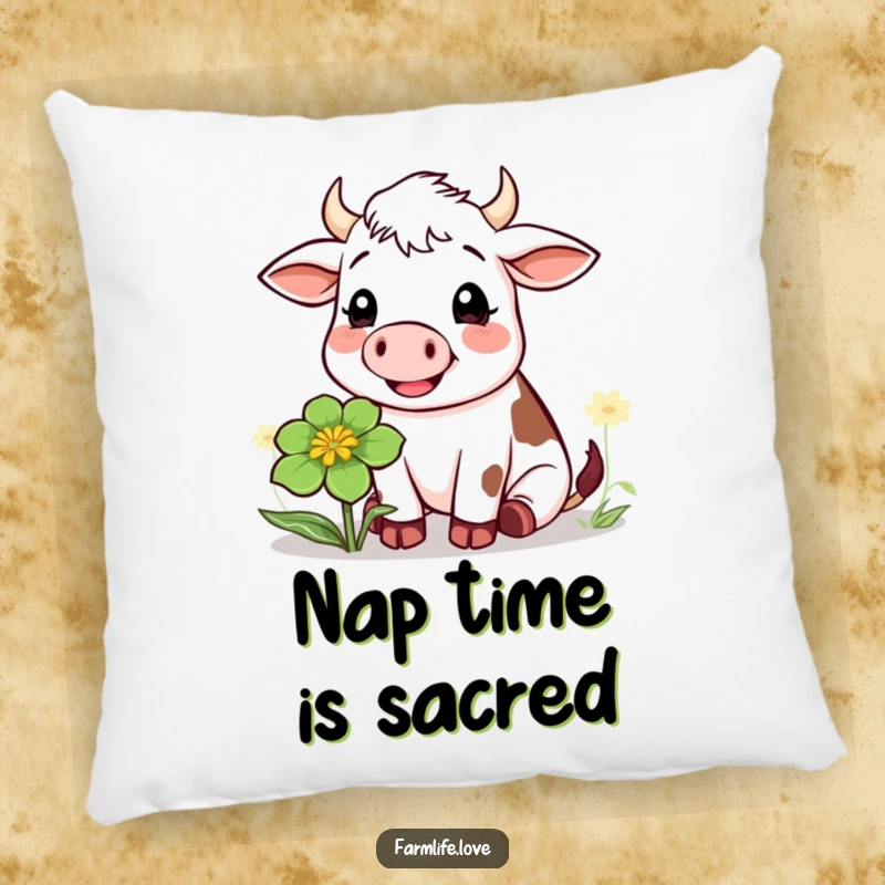 Funny pillow with a cheerful cow's face, contentedly chewing a big clover, offering soft comfort and farm-themed humor.