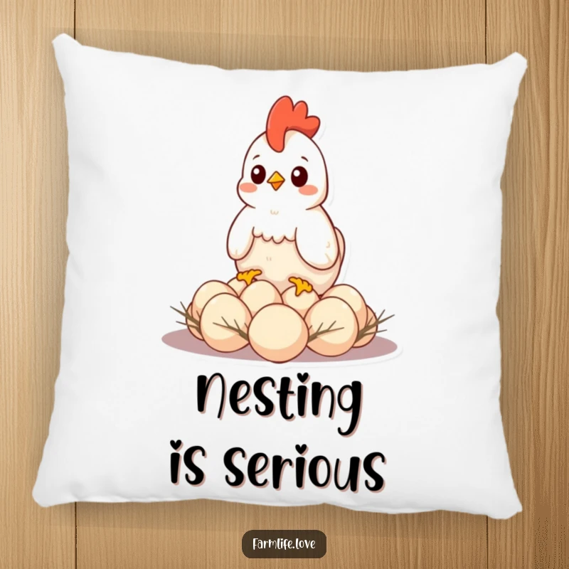 Funny pillow with a contented hen protectively sitting on eggs, offering cozy comfort and humorous maternal vibes.