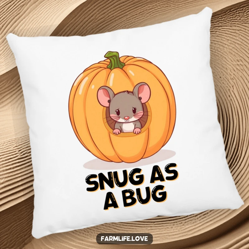 Funny pillow with a tiny mouse peeking from a ripe pumpkin, offering cozy comfort and humorous Halloween vibes.