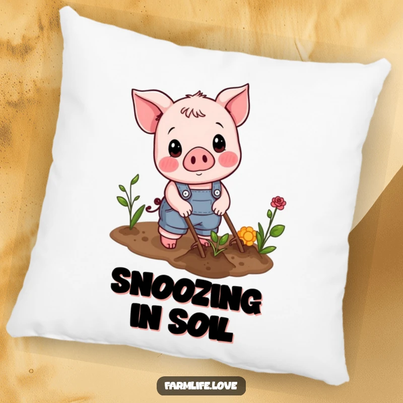 Funny Pillow: Cheerful piglet in overalls plowing a garden patch, bringing farm charm.