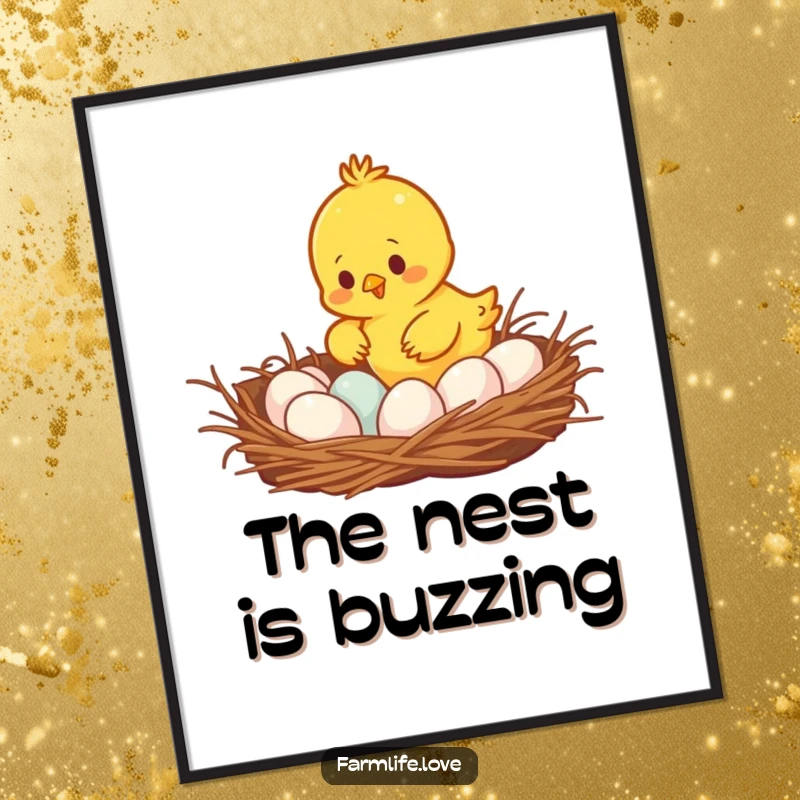 Funny busy yellow chick gathering eggs from a cozy nest, high-resolution digital art print for humorous wall decor.