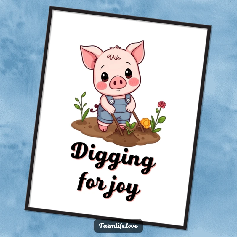 Funny Digital Art Print: Cheerful piglet in overalls plowing a garden, bringing farm charm.