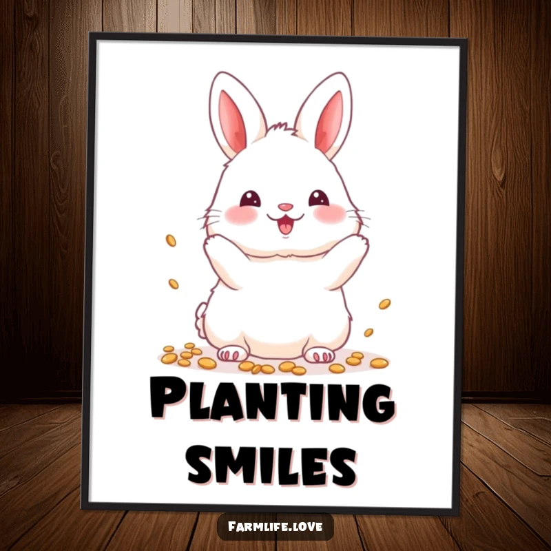 Funny Digital Art Print: Fluffy white bunny happily throwing seeds, bringing garden charm.