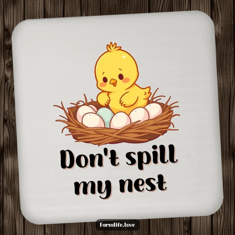 Funny busy yellow chick gathering eggs from a cozy nest, a set of humorous and protective drink coasters.