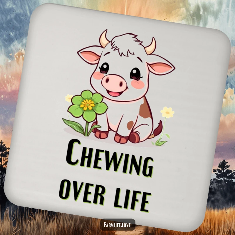 Funny drink coaster with a cheerful cow chewing clover, offering surface protection with a humorous farm animal theme.