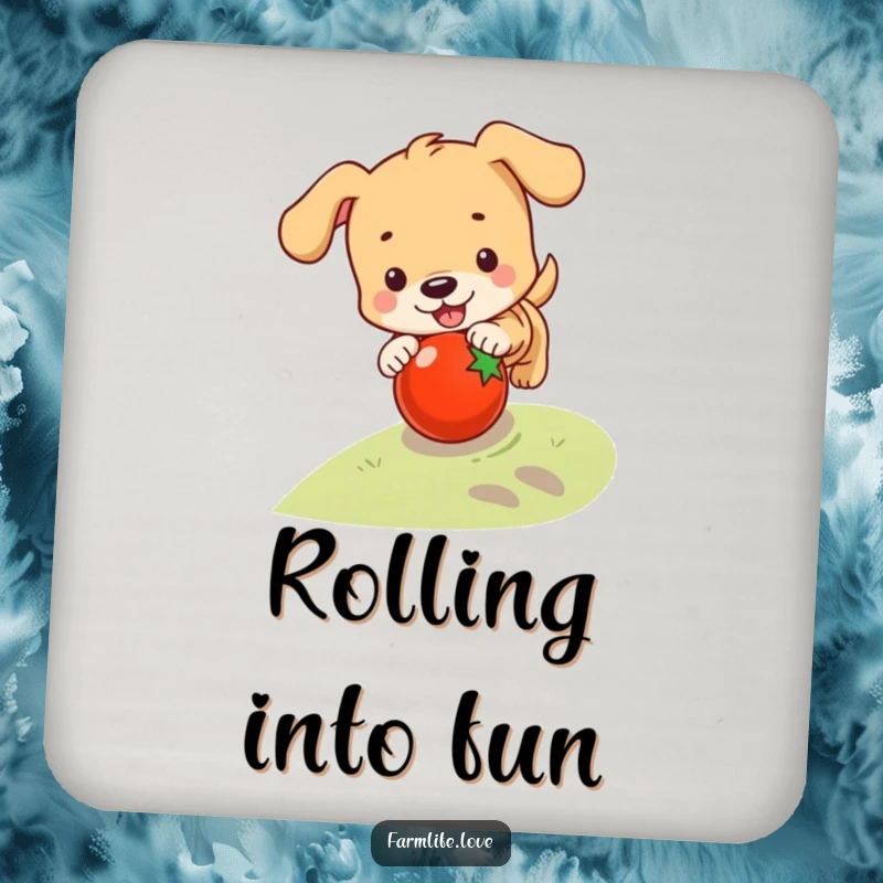 Funny drink coaster with a playful puppy chasing a rolling tomato, offering surface protection with a humorous dog theme.
