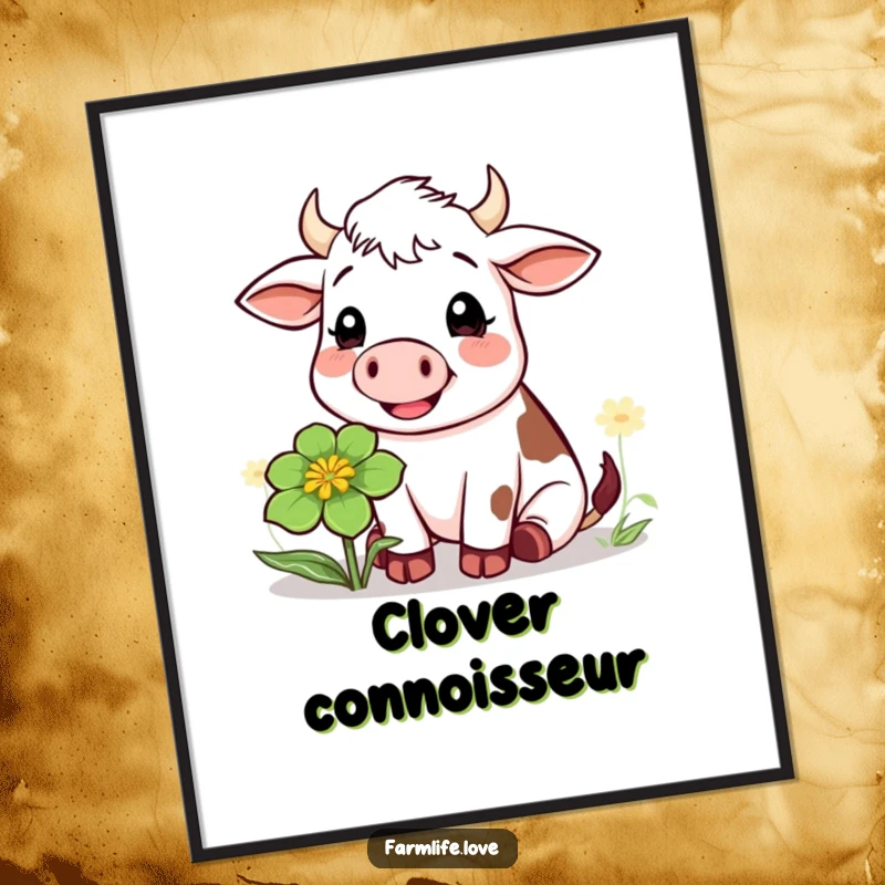 Funny poster showcasing a happy cow chewing a large clover, adding a touch of whimsical farm humor to any room decor.