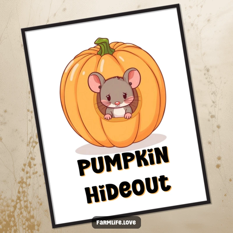 Funny poster showcasing a tiny mouse curiously peeking from a ripe pumpkin, bringing whimsical Halloween humor to decor.