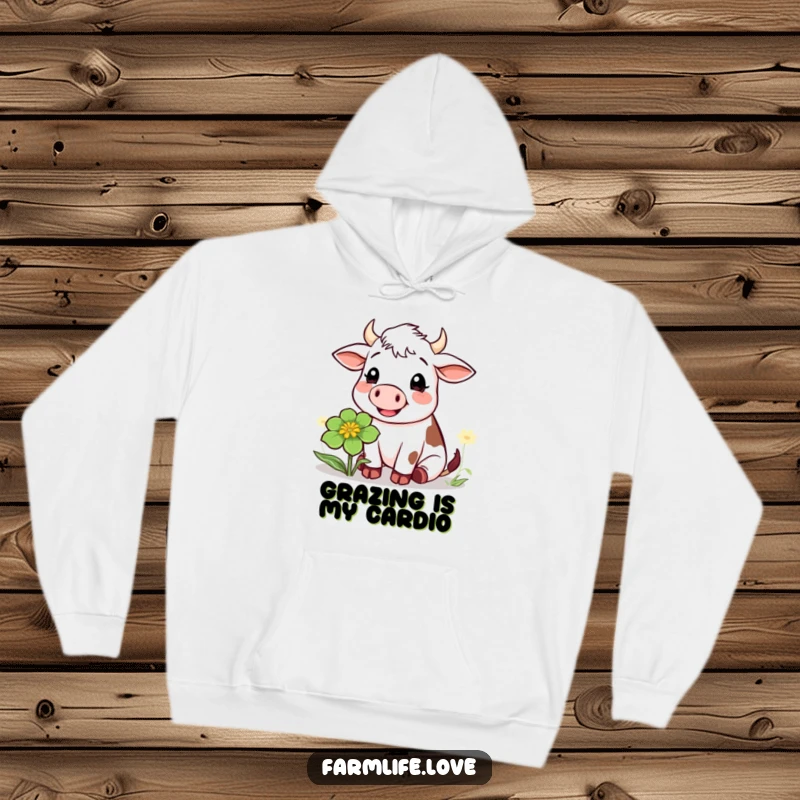 Funny hoodie displaying a happy cow thoughtfully chewing a big clover, bringing cozy farm humor to your everyday wear.