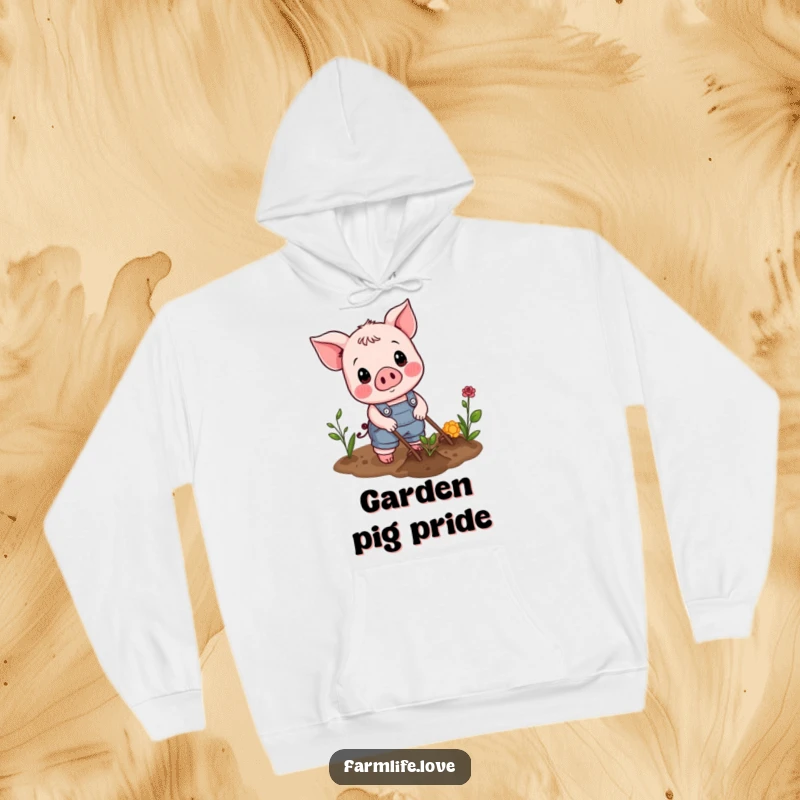 Funny Hoodie: A cheerful piglet in overalls tending to a garden patch, radiating farm charm.
