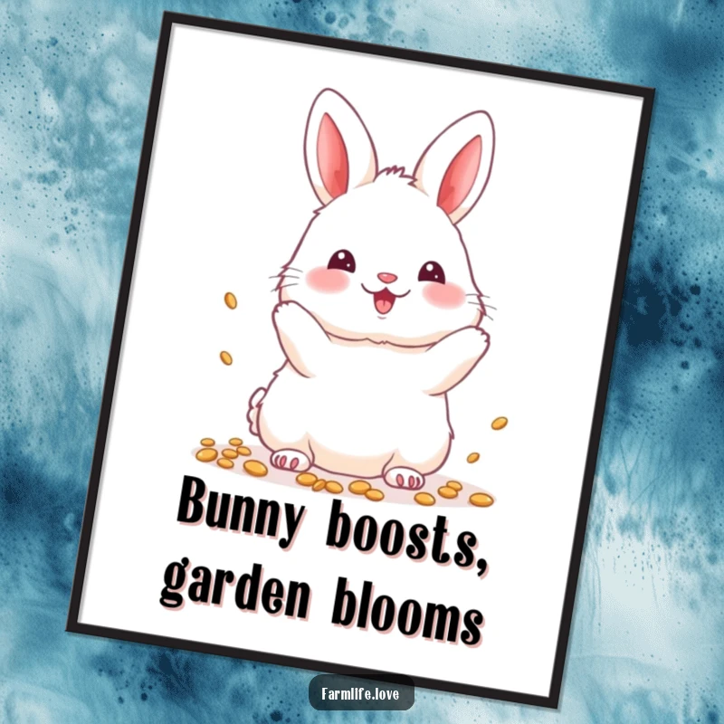 Funny Free Printable Wall Art featuring a fluffy white bunny cheerfully throwing seeds, bringing a sense of joy and nature indoors.