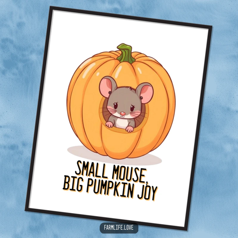 Funny Free Printable Wall Art: A tiny mouse curiously peeking from inside a ripe pumpkin, creating a charming and humorous scene.