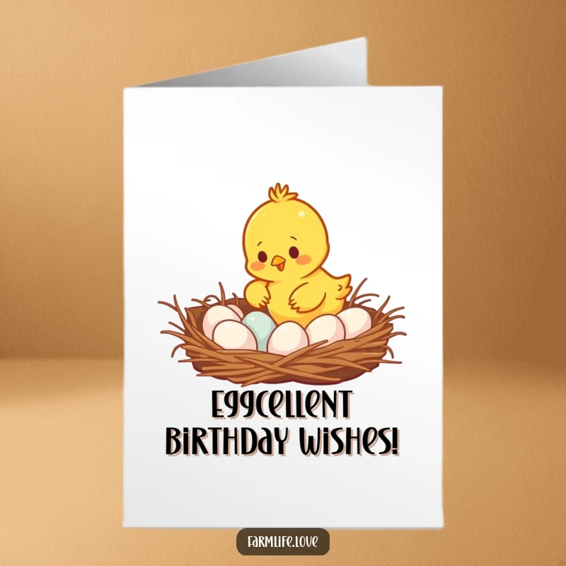 Funny Free Printable Birthday Card featuring a busy yellow chick diligently collecting eggs from a cozy, straw-filled nest.
