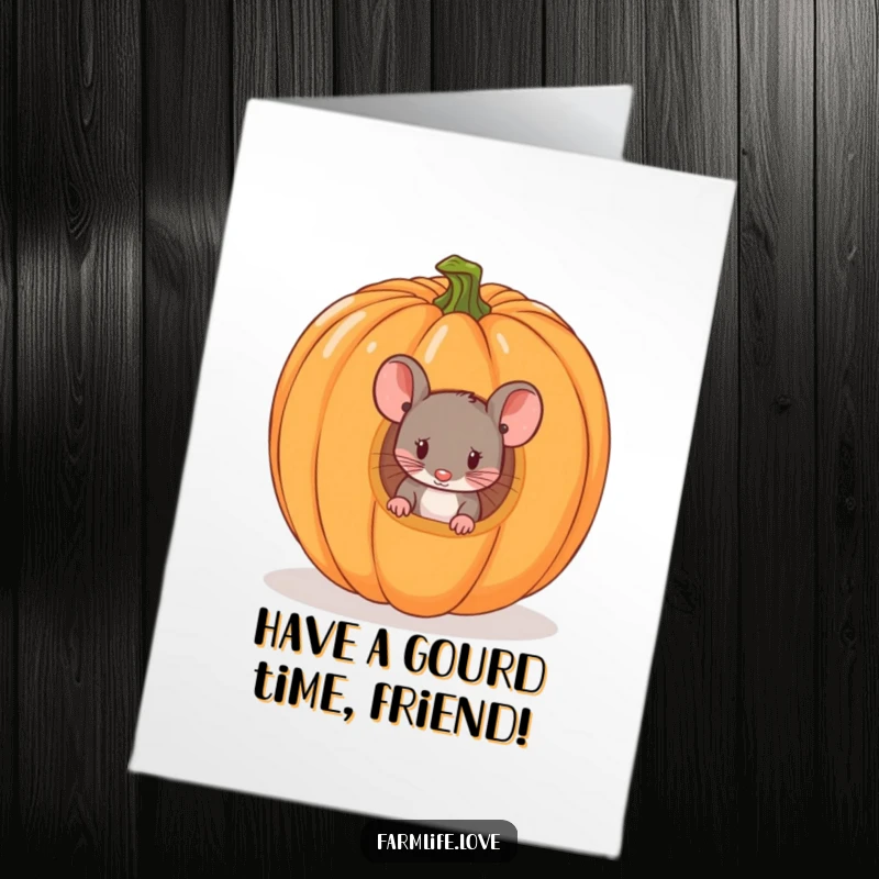 Funny Free Printable Birthday Card: A tiny mouse curiously peeking out from the opening of a large, ripe pumpkin.