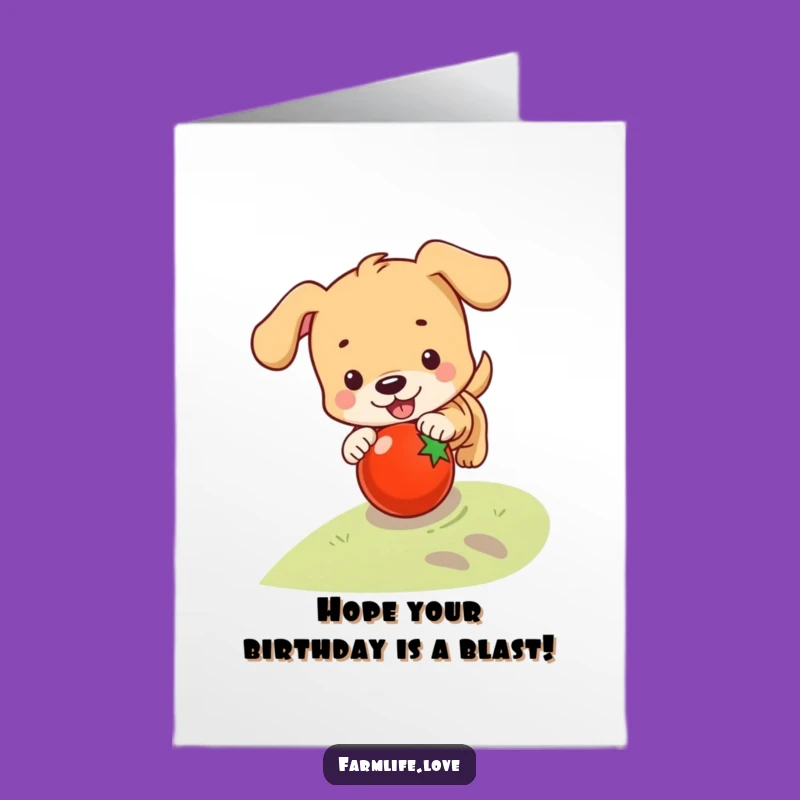 Free Printable Birthday Card: Playful Puppy, Tomato Chase, Funny Downloadable Gift