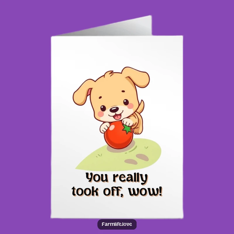 Free Printable Congrats Card: Puppy Tomato Chase, Playful Celebration, Downloadable Gift