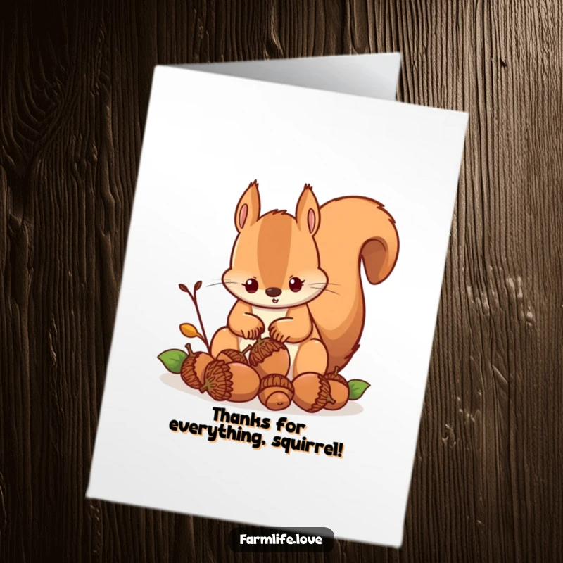 Funny Free Printable Thank You Card: A busy squirrel with intense focus gathering acorns, a unique way to say thanks.