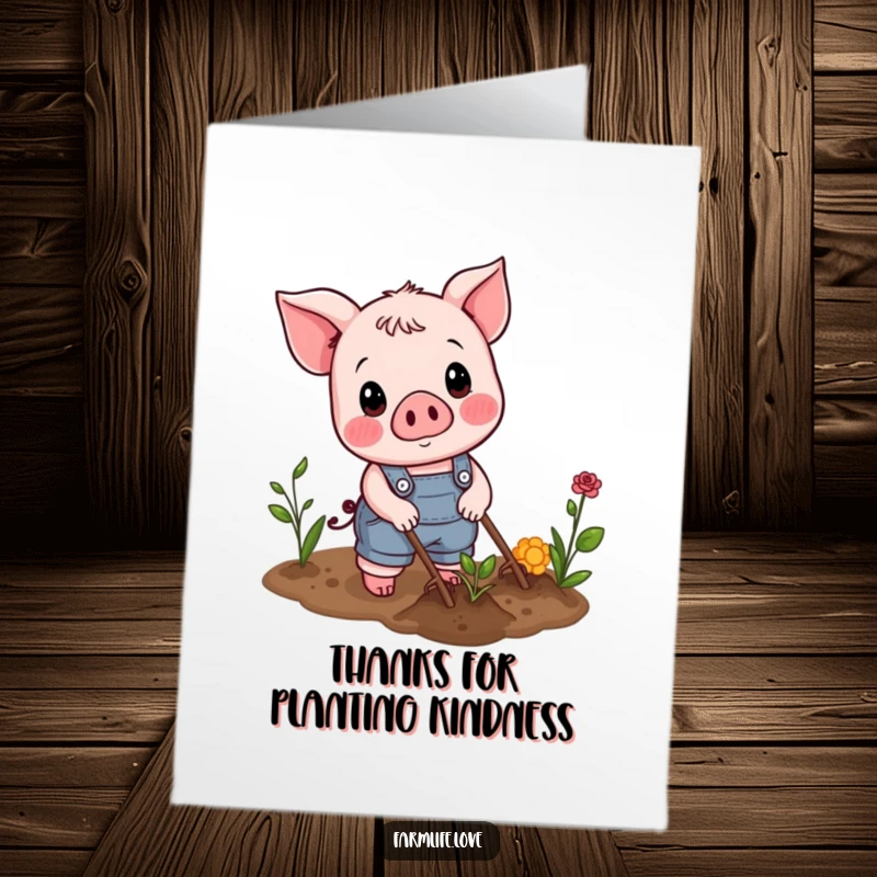 Funny Free Printable Thank You Card of a cheerful piglet in overalls gardening, ideal for expressing thanks with a smile.