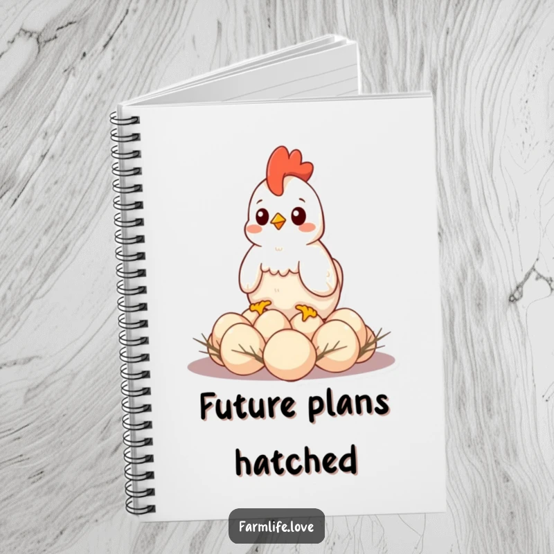 Funny notebook depicting a hen protectively sitting on eggs, perfect for notes with a humorous maternal touch.