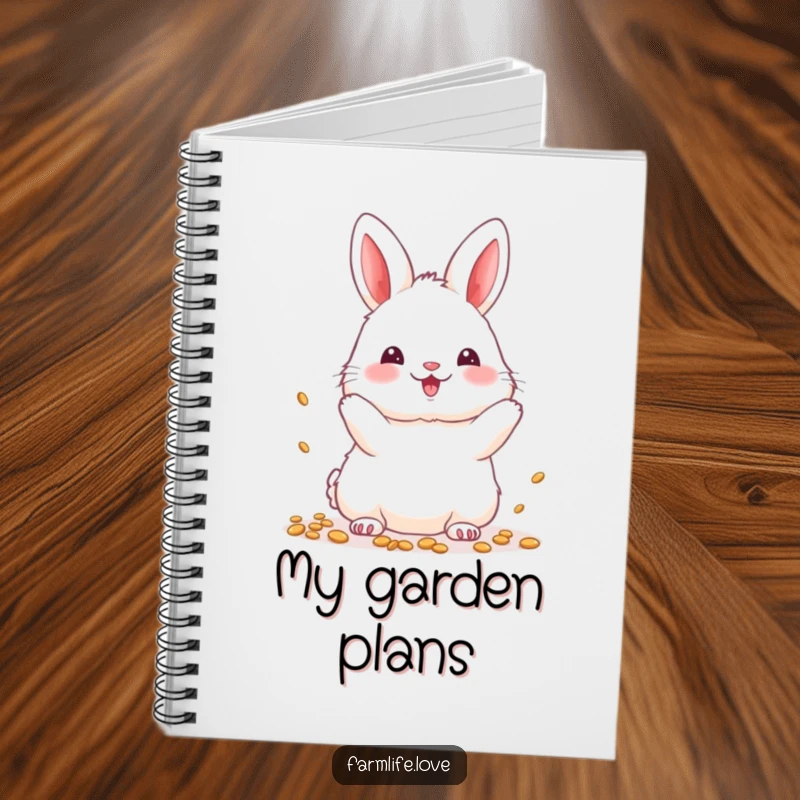 Funny Notebook: Fluffy white bunny happily throwing seeds, ideal for garden notes.