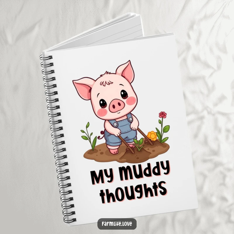 Funny Notebook: Cheerful piglet in overalls plowing a garden, ideal for garden notes.