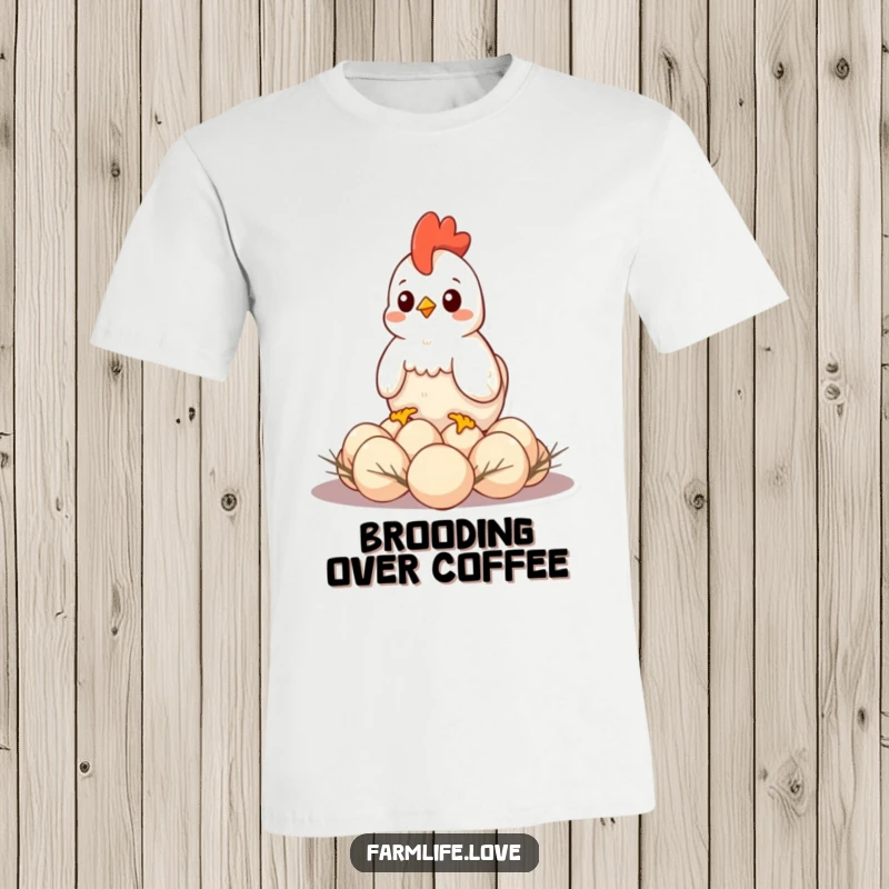 Funny t-shirt depicting a contented hen sitting protectively on a clutch of eggs, celebrating maternal instincts humorously.