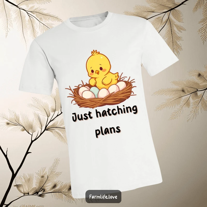 Funny busy yellow chick gathering eggs from a cozy nest, a charming and humorous graphic tee for farm lovers.