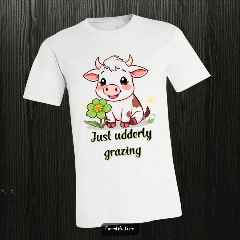 Funny t-shirt with a cheerful cow in the process of chewing a large clover, evoking a sense of gentle farm-style humor.