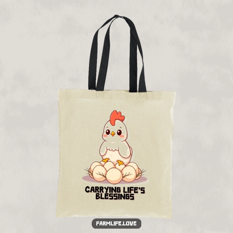 Funny tote bag depicting a hen protectively sitting on eggs, a practical and humorous accessory for maternal figures.