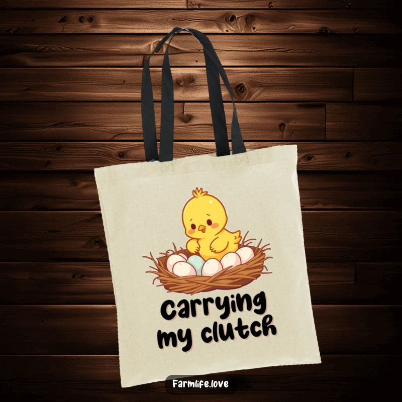 Funny busy yellow chick gathering eggs from a cozy nest, a humorous and practical tote bag for everyday use.