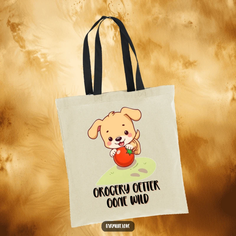 Funny tote bag showing a playful puppy chasing a rolling tomato, a practical and humorous accessory for dog enthusiasts.